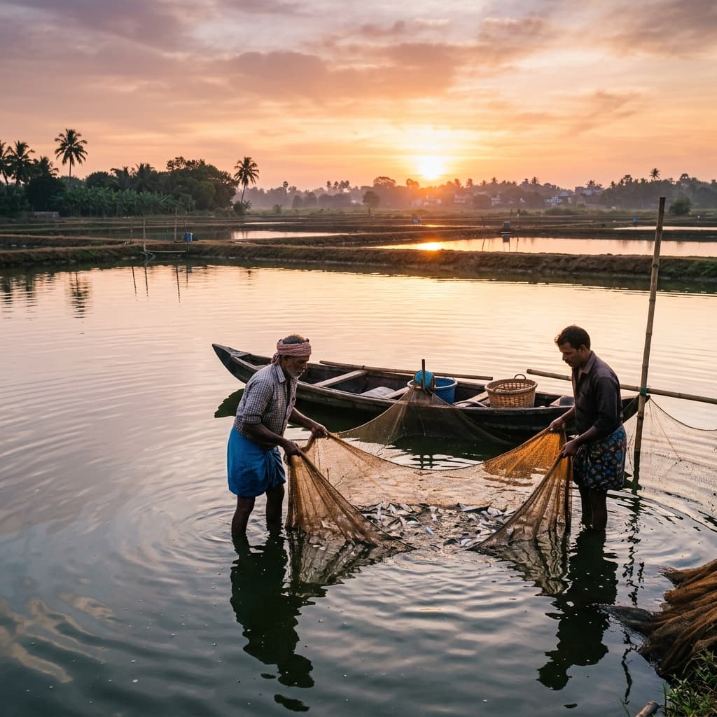 Indian fish farmers working in aquaculture ponds